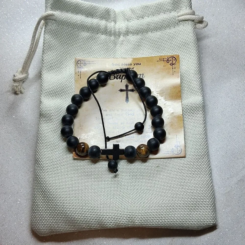 Bracelet Baptism Beaded Black And Brown/Cross Gift Package New